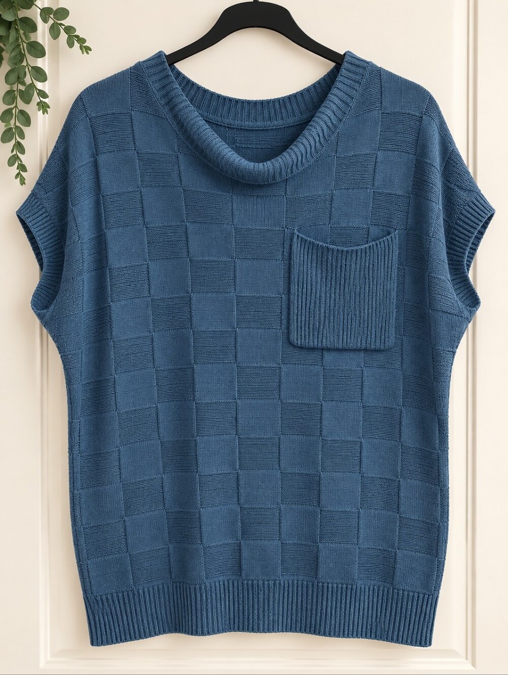 Blue Textured Knit Cowl Neck Sweater Top Size L